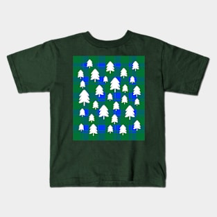 Christmas Tree Pattern on Green and Blue Check Kids T-Shirt